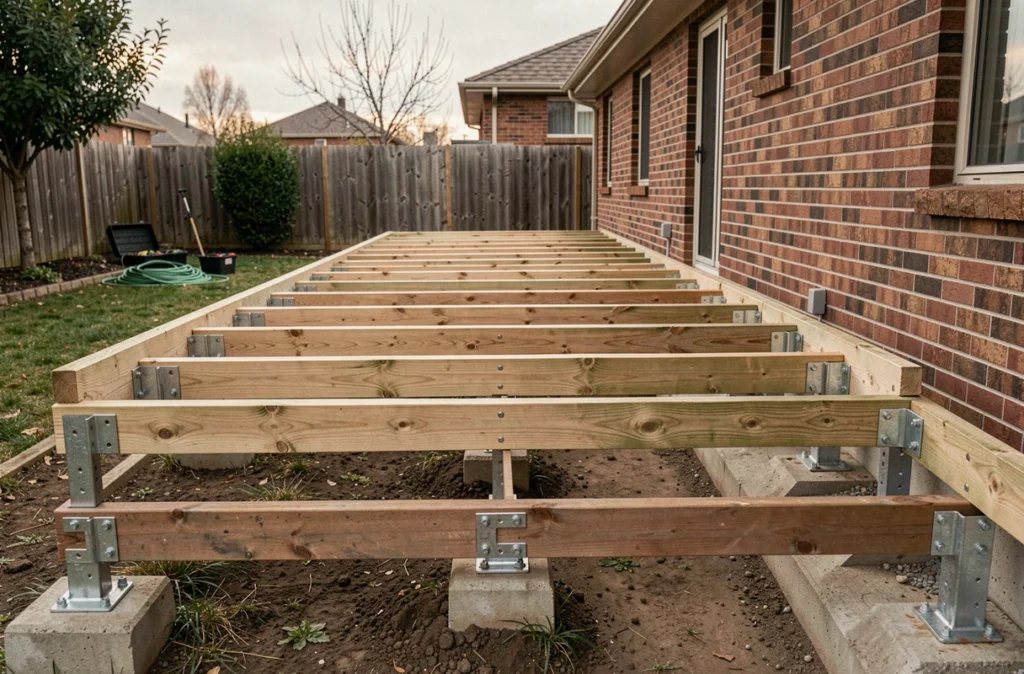 Vue d'ensemble d'une ossature de terrasse en bois avec lambourdes et solives fixées sur supports existants