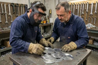 Ouvrier métallurgiste examinant des disques à tronçonner métal sur un établi d'atelier industriel
