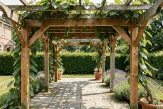 Pergola en bois avec ombre naturelle sur terrasse en pierre entourée de végétation