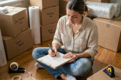 Femme organisant son déménagement avec un planning papier et des cartons étiquetés dans un appartement en cours de déballage