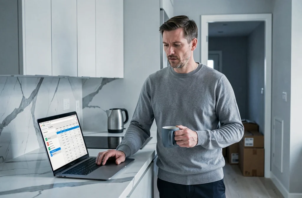 Homme consultant un planning de déménagement sur ordinateur portable dans une cuisine moderne avec cartons en arrière-plan