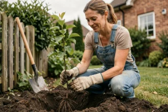 Femme plantant un jeune pommier dans son jardin avec une pelle et des gants de jardinage