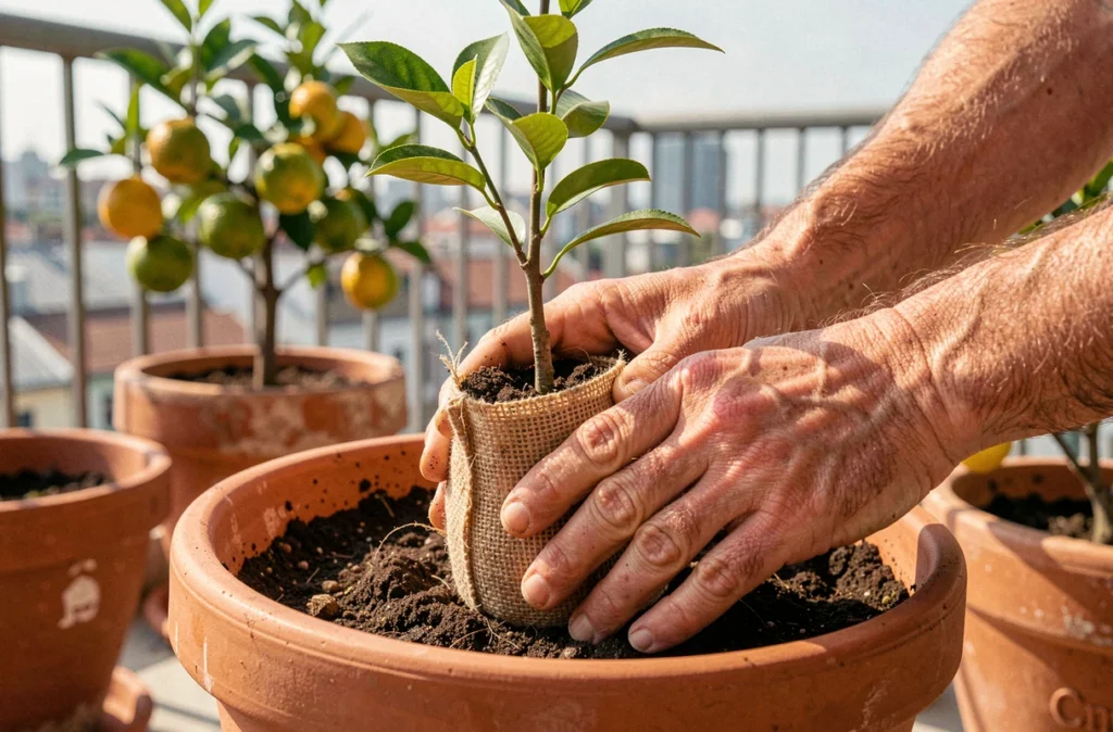 Mains plantant un jeune cerisier greffé dans un pot en terre cuite sur un balcon urbain