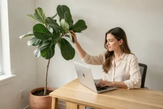 Femme travaillant à son bureau à domicile entourée d'une grande plante d'intérieur feuille de violon dans un pot en céramique mate