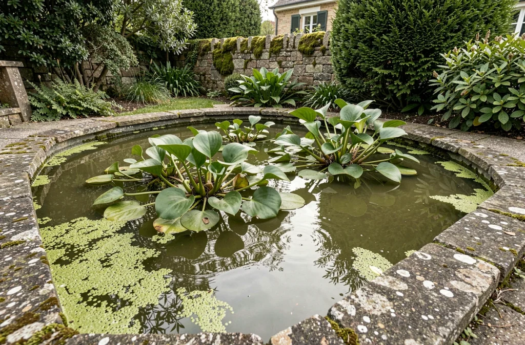 Bassin ornemental avec plantes aquatiques naturelles utilisées pour contrôler et réduire la prolifération des algues vertes