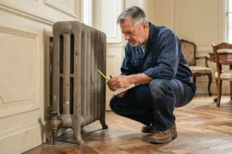 Plombier examinant les pieds d'un radiateur en fonte ancienne avec un mètre ruban dans un appartement haussmannien