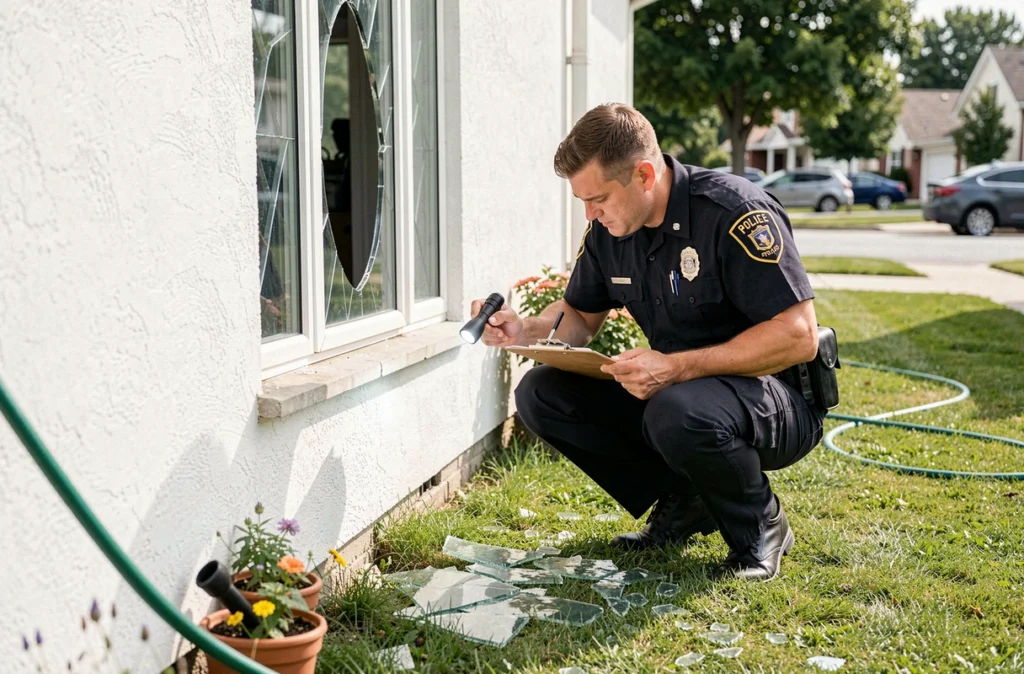 Agent de police inspectant une fenêtre brisée lors d'une enquête sur un cambriolage dans une maison de banlieue en été