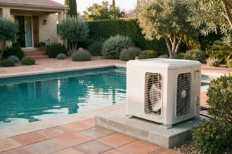 Pompe à chaleur pour piscine installée sur dalle béton en bord de bassin extérieur dans un jardin résidentiel