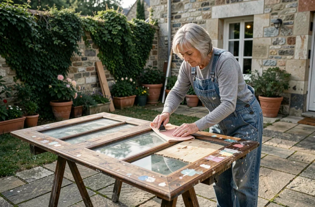 Femme ponçant une vieille fenêtre en bois démontée sur des tréteaux dans un jardin de maison ancienne