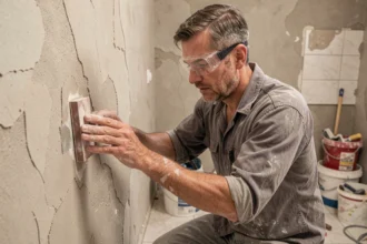 Professionnel préparant un mur en plâtre par ponçage avant la pose de carrelage mural dans une salle de bain en rénovation