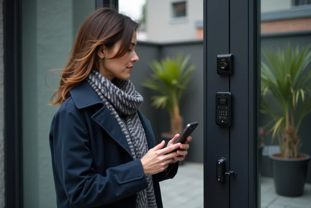 Femme utilisant une application smartphone pour ouvrir un portail électrique coulissant à l'entrée d'une maison de ville