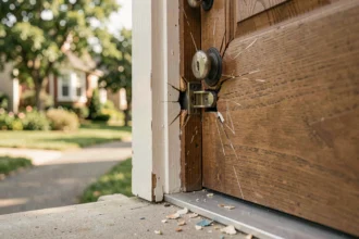 Porte d'entrée fracturée avec serrure forcée dans un quartier résidentiel pendant l'été, signe de cambriolage
