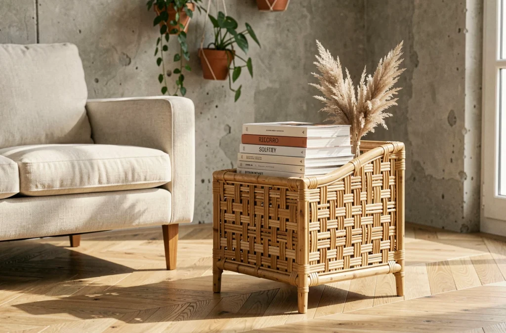 Porte-revues en rotin tressé à côté d'un fauteuil en lin dans un appartement parisien au sol en parquet point de Hongrie