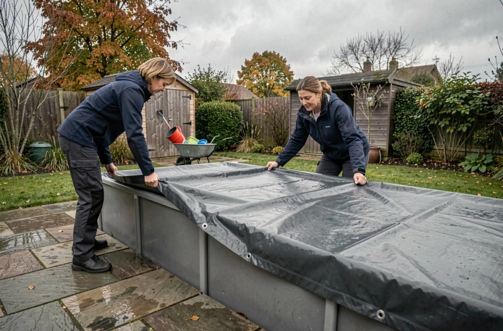 Femme installant une bâche hivernale sur une piscine hors-sol dans un jardin en automne, couverture de piscine pour l'hiver