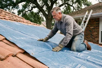 Homme posant une bâche de protection bleue sur un toit en tuiles lors de travaux de bricolage extérieur
