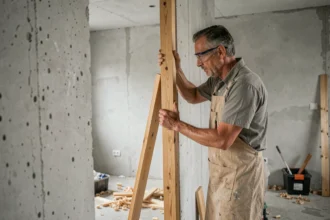 Artisan posant un bâti de porte en bois contre un mur en béton brut dans une pièce en rénovation