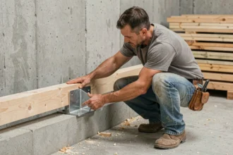 Ouvrier posant une solive sur un support métallique existant dans un sous-sol en rénovation