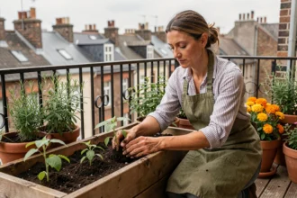 Femme plantant des plants de tomates dans un bac potager surélevé sur un balcon urbain