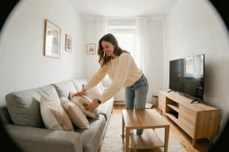 Jeune femme aménageant son premier appartement avec un canapé gris et des meubles modernes abordables
