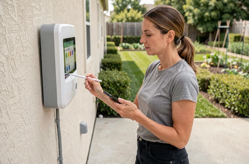 Femme programmant un contrôleur d'arrosage automatique connecté sur une terrasse