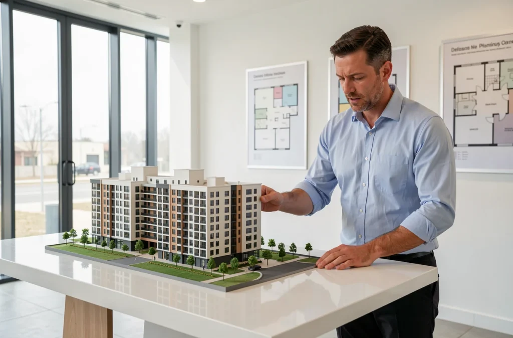 Promoteur immobilier présentant une maquette de programme neuf en VEFA dans un showroom