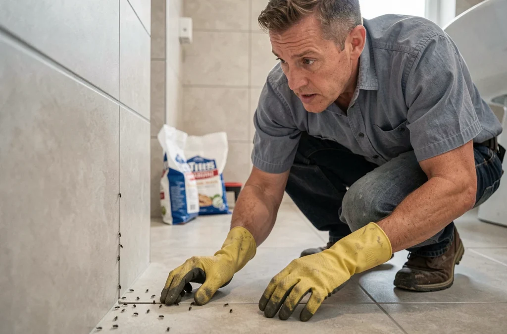 Propriétaire inspectant des petites bêtes noires apparues dans une salle de bain après des travaux de carrelage