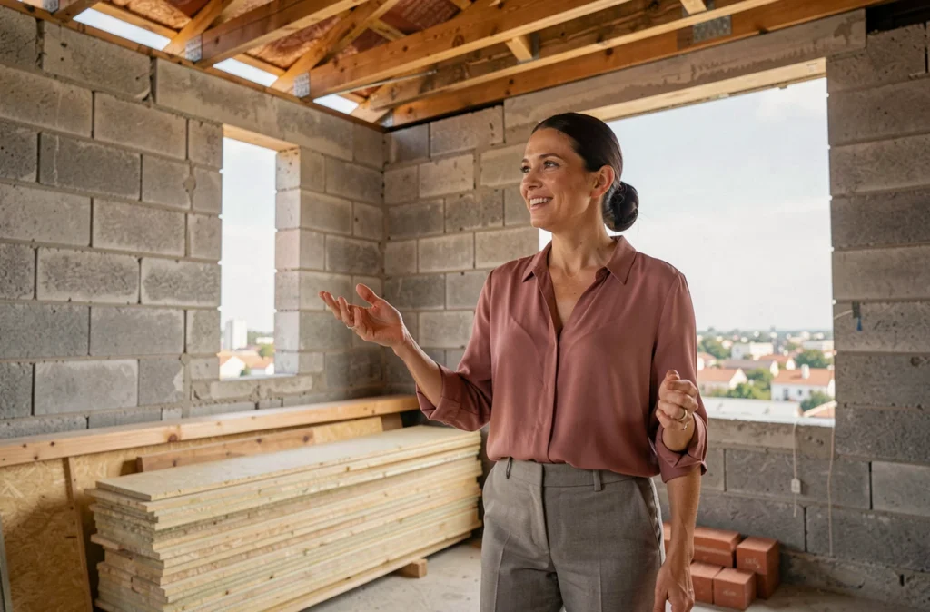 Propriétaire découvrant l'avancement des travaux de surélévation de sa maison urbaine