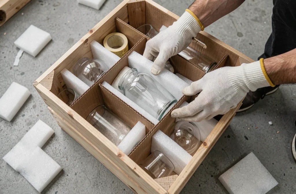 Emballage de verres fragiles dans des compartiments en carton et mousse de protection pour le transport