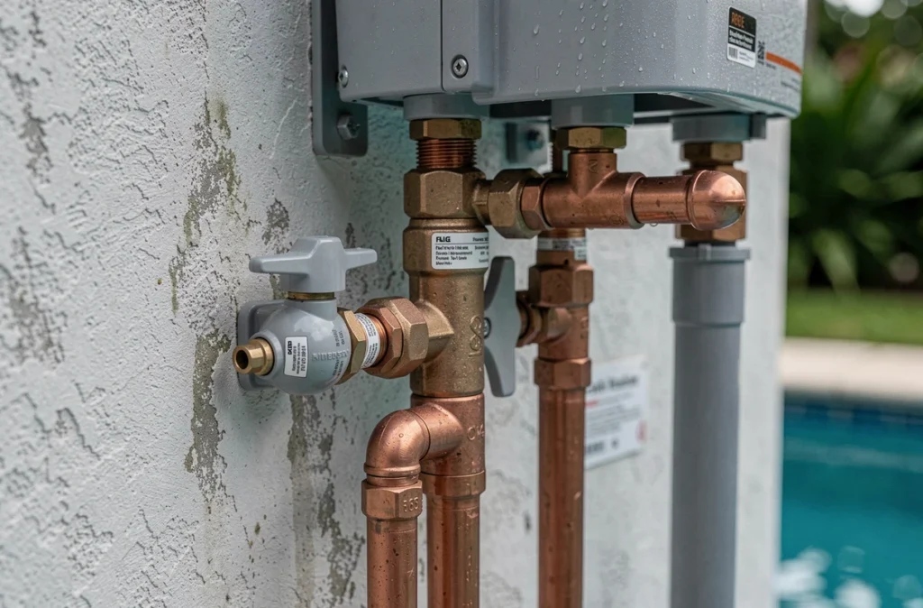 Détail des raccordements hydrauliques d'une pompe à chaleur de piscine avec tuyaux et vannes en cuivre et PVC