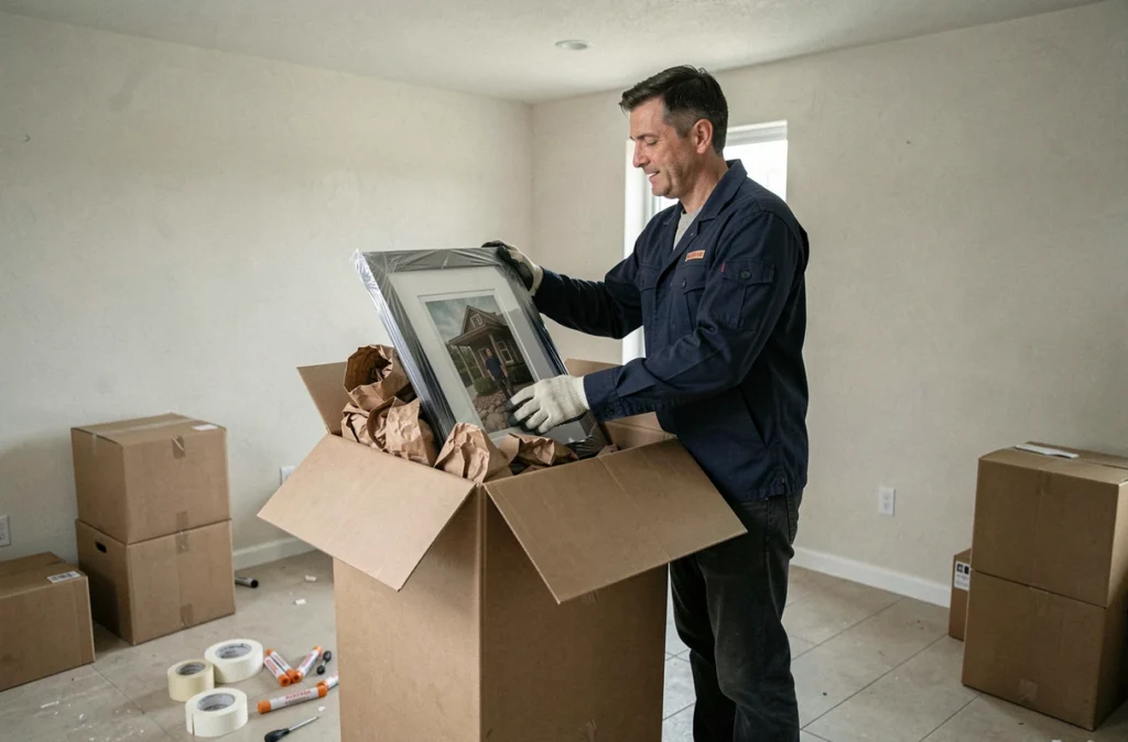 Homme rangeant un tableau emballé dans un carton de déménagement avec du papier de calage