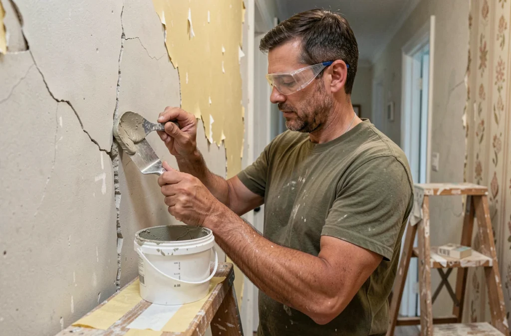 Bricoleur rebouchant des fissures dans un mur en plâtre avec un enduit de lissage avant la pose de carrelage