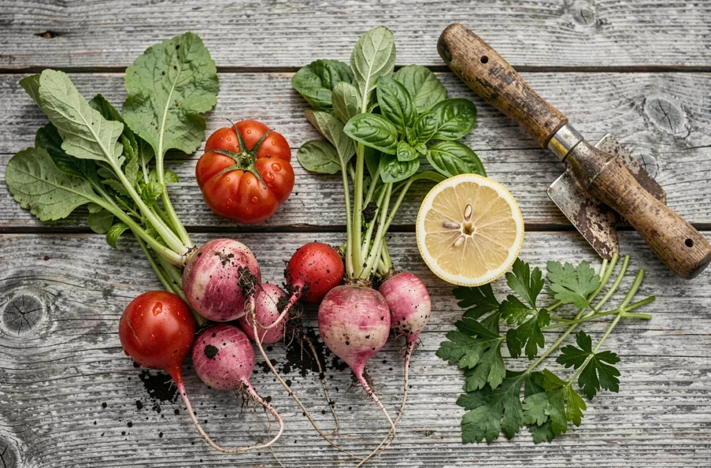 Légumes bio fraîchement récoltés d'un potager urbain disposés sur bois brut