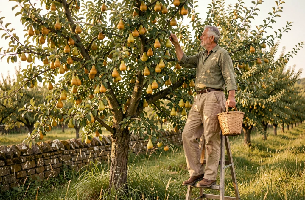 Homme récoltant des poires mûres dans un verger avec un panier en osier