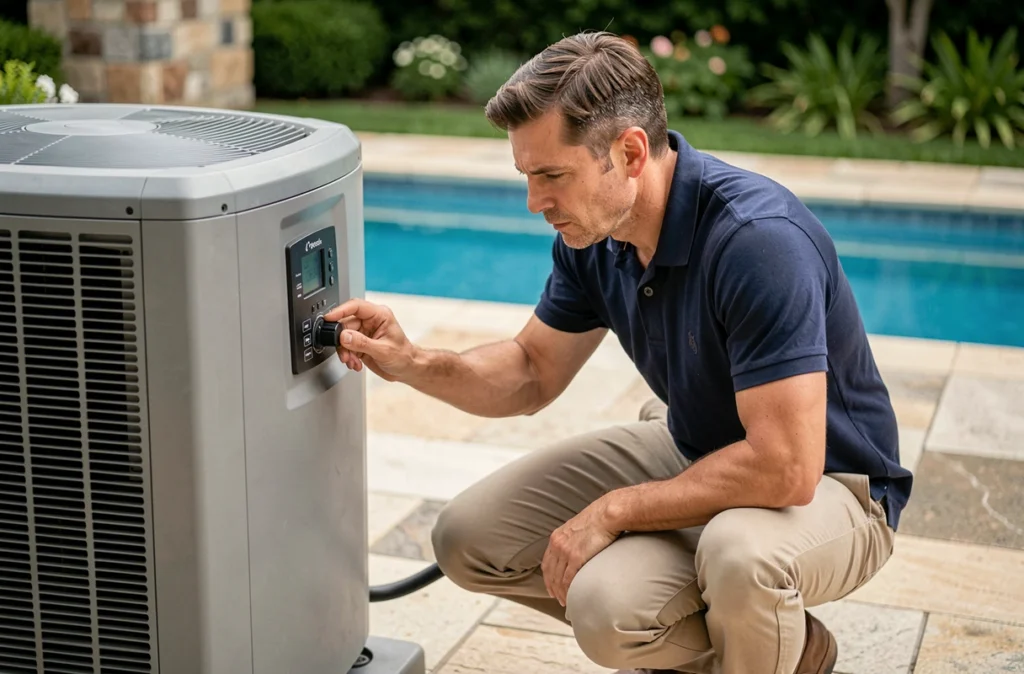Homme réglant le thermostat d'une pompe à chaleur de piscine sur terrasse en pierre naturelle
