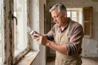 Artisan réparant un vieux cadre de fenêtre en bois avec un couteau à mastic dans une maison ancienne