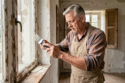 Artisan réparant un vieux cadre de fenêtre en bois avec un couteau à mastic dans une maison ancienne