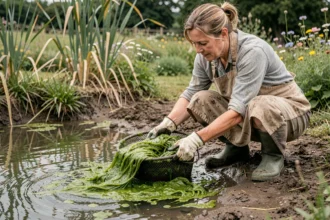 Femme retirant manuellement des algues vertes d'un étang avec des gants, solution naturelle contre la prolifération des algues