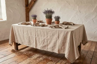 Salle à manger rustique avec nappe en lin naturel, vaisselle en céramique et napkins en jute sur table en chêne
