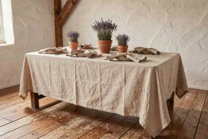 Salle à manger rustique avec nappe en lin naturel, vaisselle en céramique et napkins en jute sur table en chêne