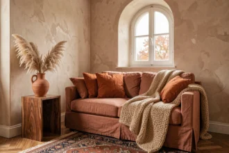 Salon cosy aux tons terracotta avec canapé en lin rouille, coussins orangés et vase en argile brute sur parquet en chevrons
