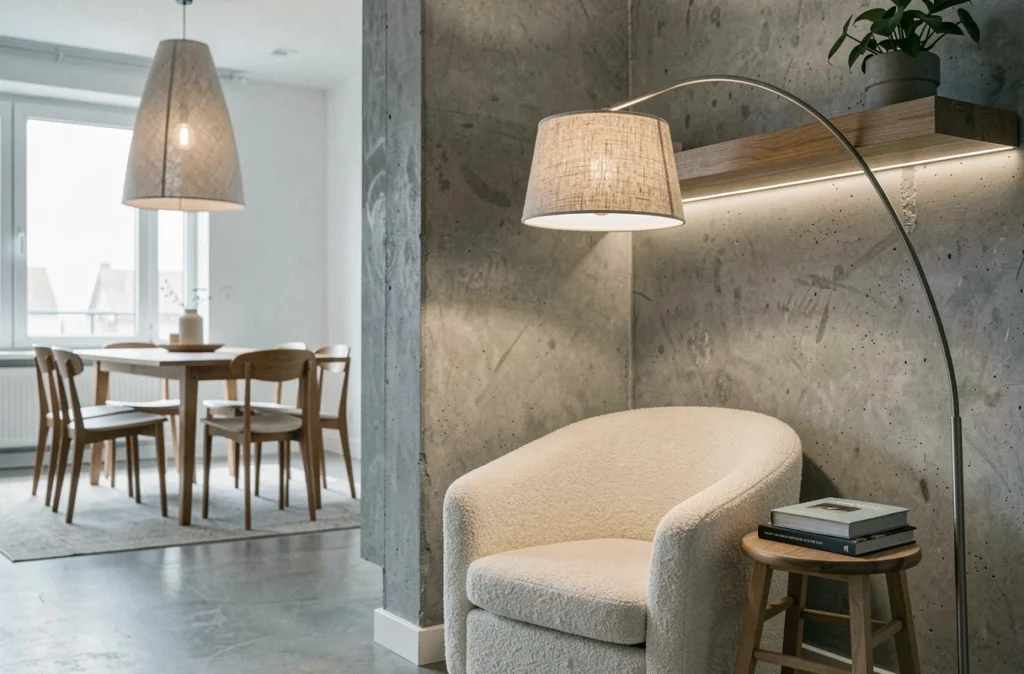 Salon scandinave avec liseuse en bouclé crème, étagère flottante rétroéclairée et mur en béton brut