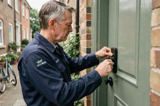 Serrurier professionnel installant une serrure écologique sur une porte en bois vert sauge dans un quartier résidentiel
