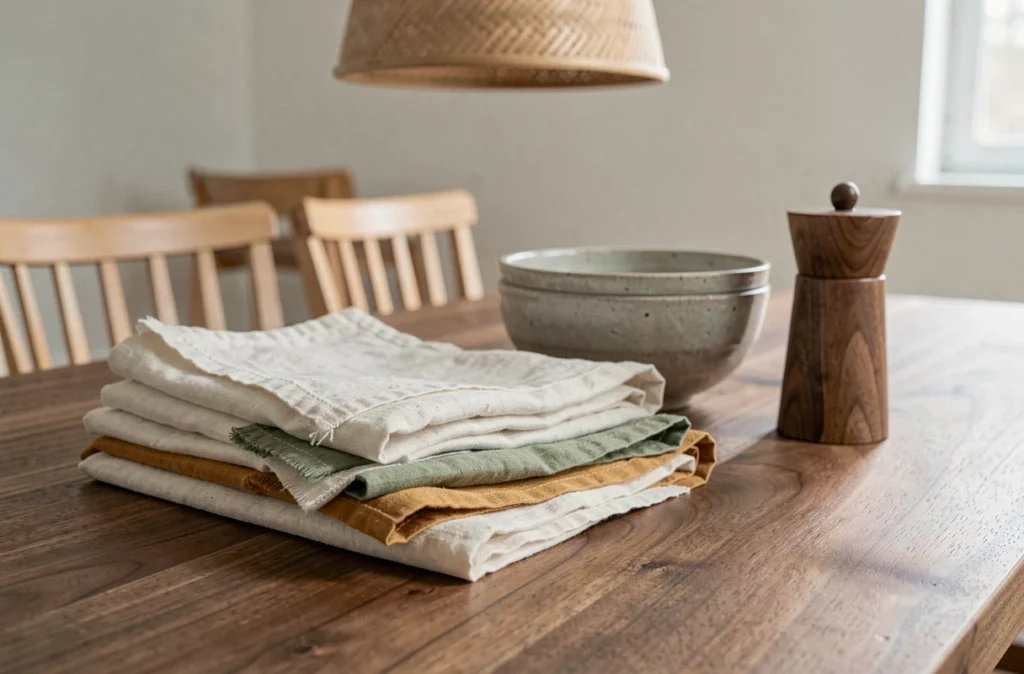 Gros plan sur des serviettes en coton et lin naturels empilées avec de la vaisselle en grès sur table en noyer