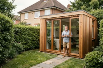 Studio de jardin préfabriqué en bois avec grandes baies vitrées installé au fond d'un jardin verdoyant, homme en tenue décontractée tenant un café sur le seuil