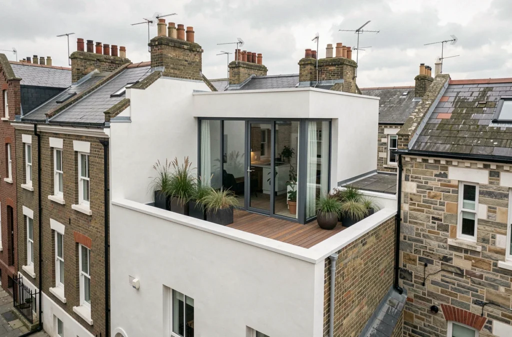 Extension en surélévation moderne avec terrasse vitrée sur une maison de ville en milieu urbain