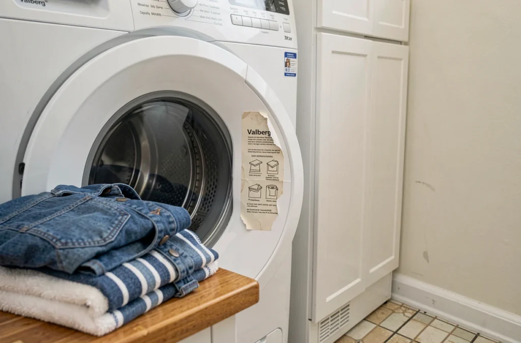 Gros plan sur les symboles d'essorage et l'étiquette d'entretien d'une machine à laver Valberg avec du linge plié