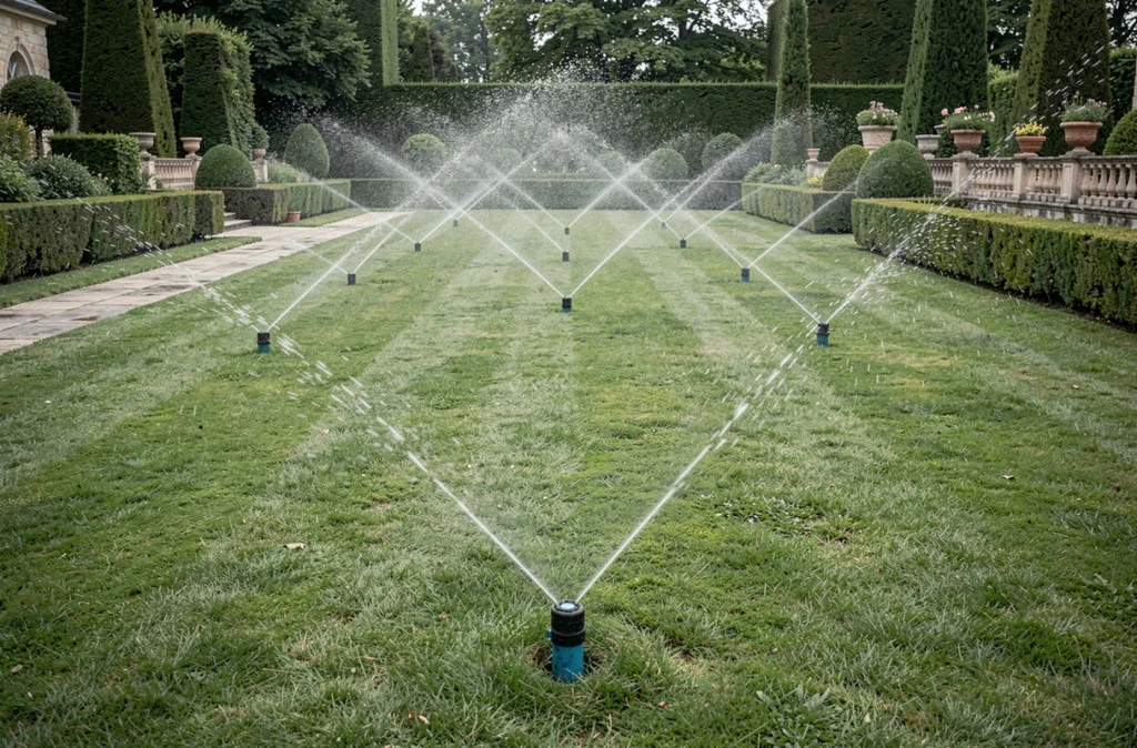 Système d'arrosage automatique en fonctionnement dans un grand jardin paysager
