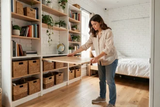 Jeune femme dépliant une table murale multifonction dans un petit appartement studio optimisé avec rangements intégrés