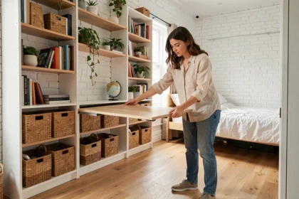 Jeune femme dépliant une table murale multifonction dans un petit appartement studio optimisé avec rangements intégrés