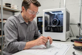 Technicien examinant une clé de maison imprimée en 3D dans un laboratoire de fabrication moderne